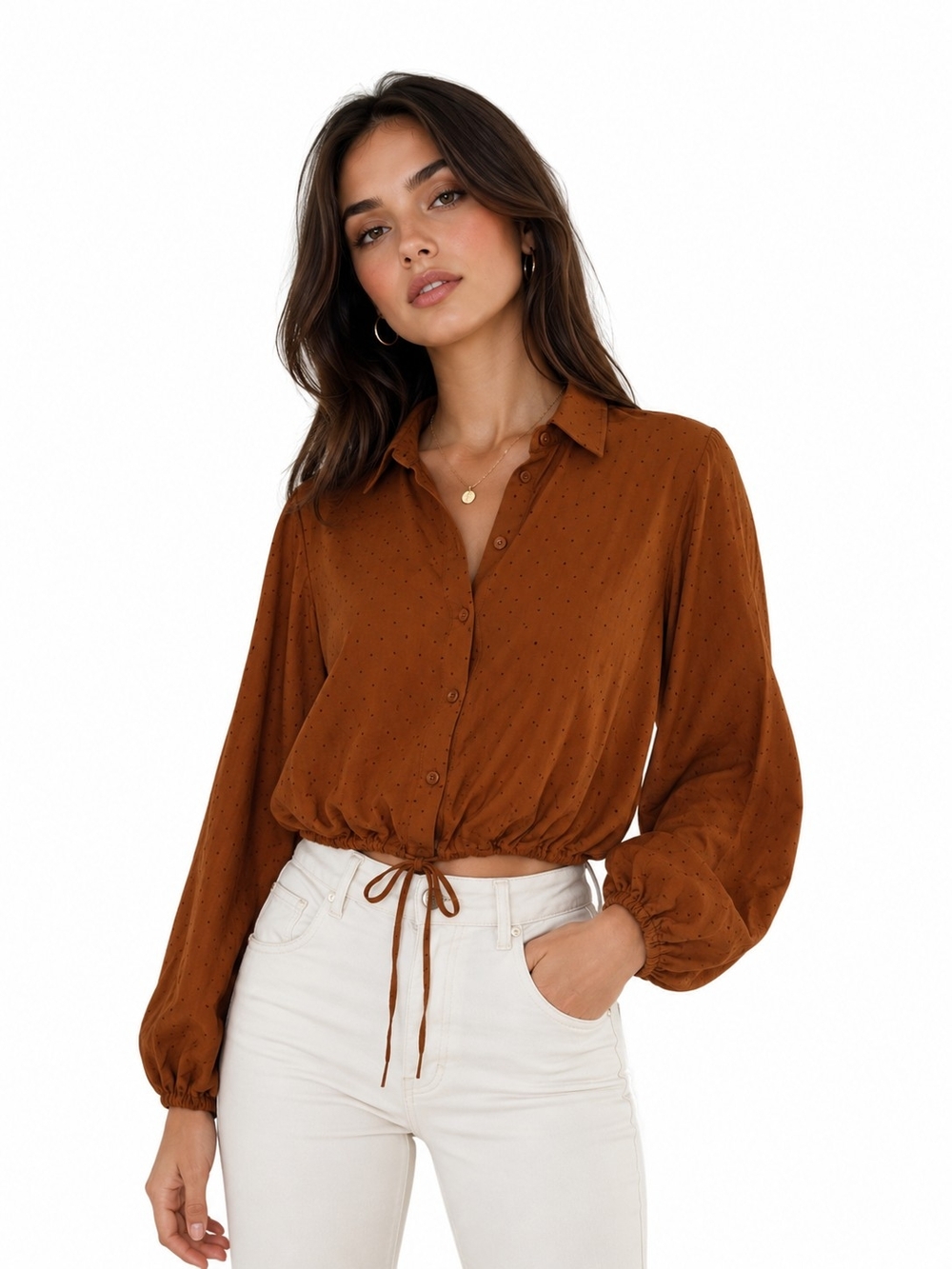 & Other Stories Rust Brown Button-Up Drawstring Blouse